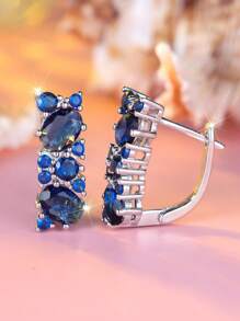 1 Par de Brincos de Botão Elegantes para Mulheres com Zircônia Cúbica Azul Revestido a Ouro Branco, Luxuoso para Casamento, Festa, Férias, Uso Diário, Durante Todas as Estações