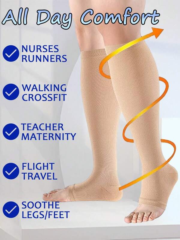2 Packs Women Men Compression Socks Open Toe Open Foot Socks 10-20 Mmhg Knee Highs Pregnancy Nurses Pregnant Medical Cute Sports Gold Fit Cycling Socks Adult Support Socks Cycling Long Women
