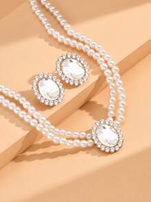 3 Peças/Conjunto Corrente para a Clavícula com Aspecto Luxuoso, Pulseira Curta de Pérola Falsa e Strass Acrílico, Brincos