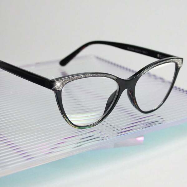 1pc Cateye Full Rim Reading Glasses, Black Glossy Surface With Fine Sparkles, Luxury Fashion Ladies Eyeglasses For Office Reading And Daily Wear