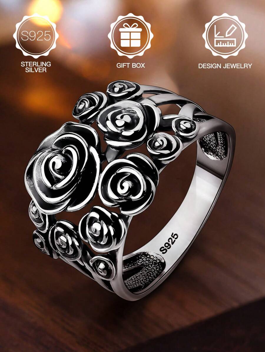S925 Sterling Silver Boho Style Blackened Thorned Rose Floral Wide Band Vintage Goth Ring, Suitable For Men & Women Daily Wear, Wedding Engagement, Halloween, Valentine's Day, Mother's Day, Music Festival Gift, With Gift Box