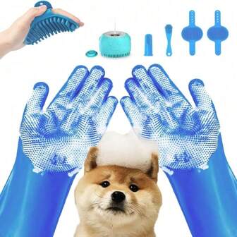 7-In-1 Pet Grooming Set Includes Bathing Glove, Shampoo Brush, Deshedding Brush And Toothbrush For Massage And Lathering