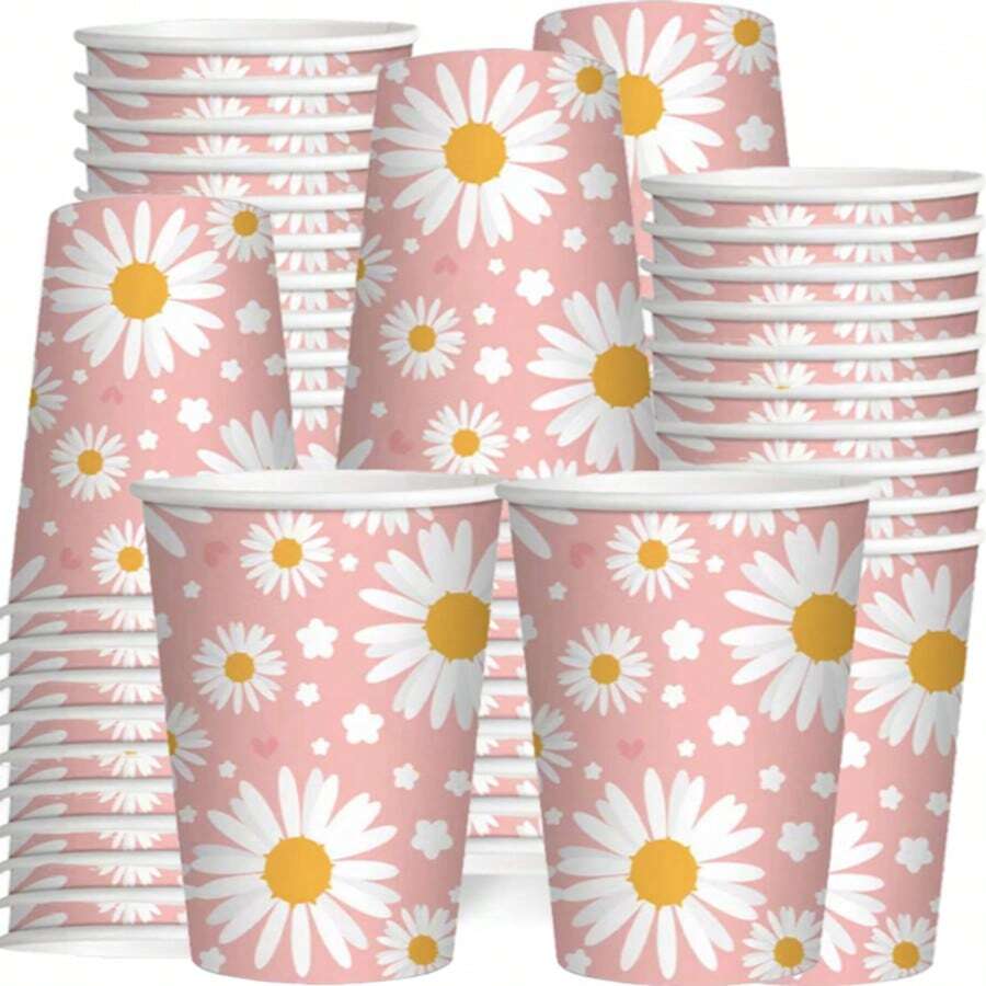 10/20 件 9 盎司雏菊主题派对纸杯，适合生日派对、节日庆祝、野餐和家庭聚会，可供 10/20 人使用，花瓣图案的桌面装饰 - 彩色 - 查看 1