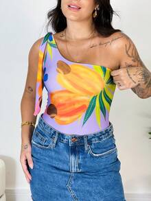 Women's Printed Macaw Bodysuit Summer  One-Shoulder Top With Single Strap - Cashew Lilac Background - View 3