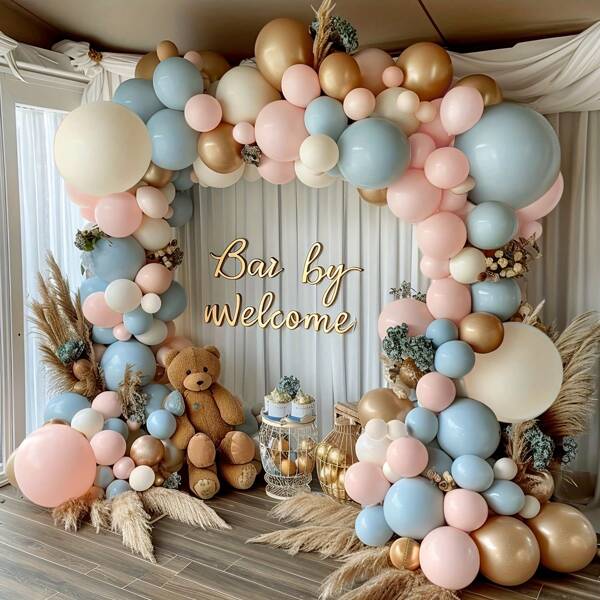 114pcs Gender Reveal Balloon Arch Kit, Gray, Pink, Blue, Chrome Gold, Ivory Balloons For Boy, Girl, Baby, Reveal Party, Baby Shower, Wedding, Birthday, Room Decoration