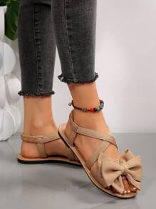 New Women Flat Sandals Summer Khaki Bowknot Open Toe Outdoor Versatile Elastic Strap Sandals