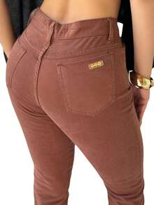 Flare Jeans High Waisted Simple Casual Elegant Jeans Button Evening Holiday Daily Travel Autumn Winter - Rust Brown - View 4