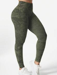 YEOREO Leggings sin costuras con camuflaje para mujeres que realzan el trasero, de cintura alta, para gimnasio y yoga - Verde Oliva - Ver 3
