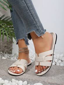 Women Fashion Snake Print Flat Sandals, Summer Beach Flip Flops - Beige - View 3