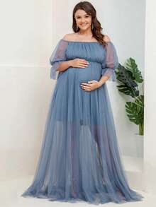 EVERPRETTY Váy phù dâu tay bồng hở vai thanh lịch cỡ lớn Váy chụp ảnh trang trọng cho tiệc tối dự tiệc đặc biệt - Màu xanh bụi bặm - Xem 2