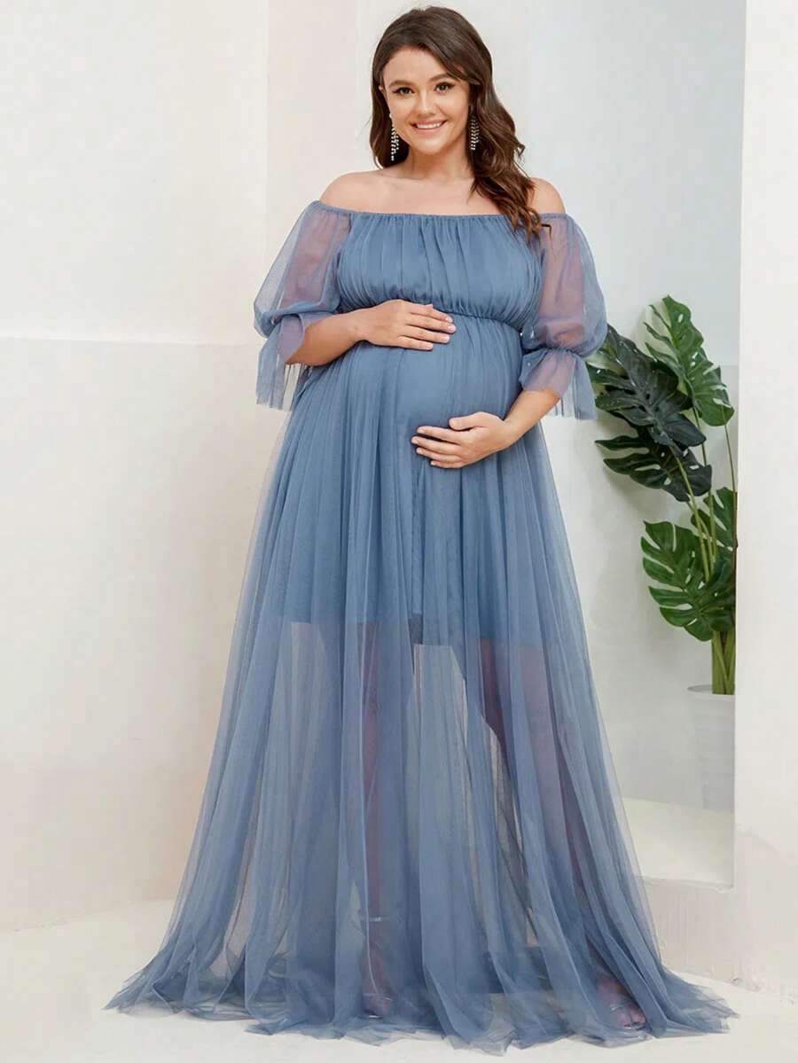 EVERPRETTY Váy phù dâu tay bồng hở vai thanh lịch cỡ lớn Váy chụp ảnh trang trọng cho tiệc tối dự tiệc đặc biệt
