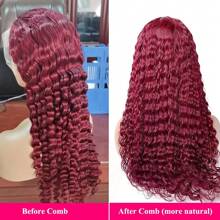Perruque de cheveux humains à ondulation profonde 99j bordeaux avec densité de 200% et frontale en dentelle de 34 pouces. Perruque à front en dentelle de cheveux humains ondulés naturels de 13x4 avec hairline naturel et cheveux bébé, conçue pour femmes.