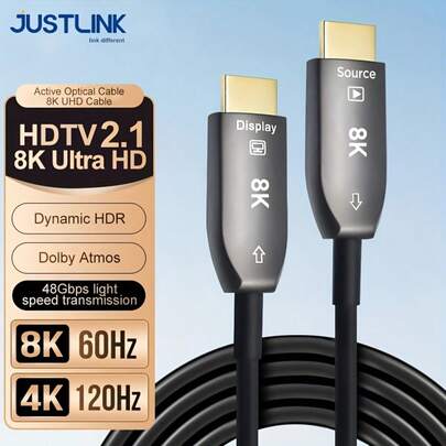 كابل HDTV ألياف بصرية 8K من JUSTLINK، كابل HDTV فائق السرعة 2.1 بسعة 48 جيجابت/ثانية، 8K@60Hz 4K@120Hz، HDR ديناميكي/EARC/HDCP 2.2 2.3/3D، مناسب لأجهزة HDTV/جهاز عرض/نظام المسرح المنزلي/صندوق التلفزيون/وحدة تحكم ألعاب