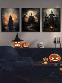 Juego de 3 obras de arte de lienzo de Halloween, arte de pared de academia oscura, bruja espeluznante, gato negro, castillo, carteles, impresiones, thriller, horror, decoración gótica de pared para fiesta de Halloween, decoración de la habitación, decoración gótica, decoración de dormitorio, decoración de sala de estar