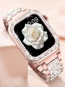 2 pièces/Ensemble Bracelets de montre Apple Bracelet de montre Apple Rose+ Étui de protection pour montre Apple Breloque en métal avec diamants scintillants. Le bracelet et l'étui de protection conviennent aux séries Ultra SE 10/9/8/7/6 5/4/3/2/1 compatibles avec les tailles de bracelets de montre Apple de 38 mm, 40 mm, 41 mm, 42 mm, 44 mm, 45 mm, 49 mm. 2 pièces de remplacement de bracelet de montre en métal avec des strass pour dames