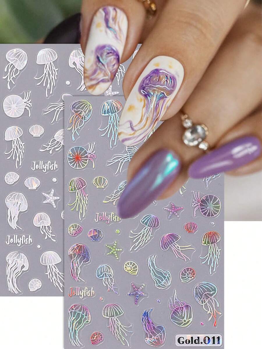 2pcs Ocean Jellyfish Nail Decals, Ocean Animals Summer Nail Art Pattern, Cute Kawaii Nail Art Decoration, Self-Adhesive Stickers, DIY Nail Supplies, Manicure Accessories Tools For Salon