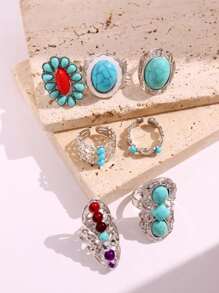 Juego de 7 piezas de anillos de tono turquesa y plateado de aleación con diseño elegante y vintage, apropiado para uso diario, festivales y fiestas