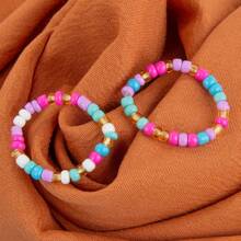 10 件/套女士时尚弹力戒指波西米亚风格彩色珠子玻璃材质戒指带弹力绳，夏季海滩度假