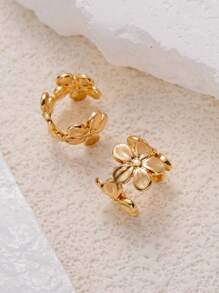 1 pièce Boucles d'oreilles clip en forme de C plaquées or 18 carats avec fleur élégante, convient pour le port quotidien, les vacances, la plage