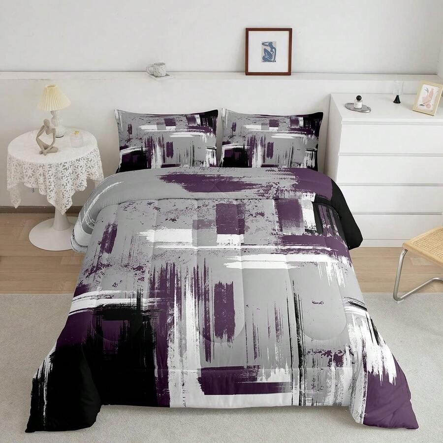 Abstract Bedding Set Kids Modern Abstract Art Comforter Set Purple Grey Black Comforter For Boys Room Decor Lightweight Retro Duvet Set Full Size With 2 Pillow Case - MultiWarna - View 1