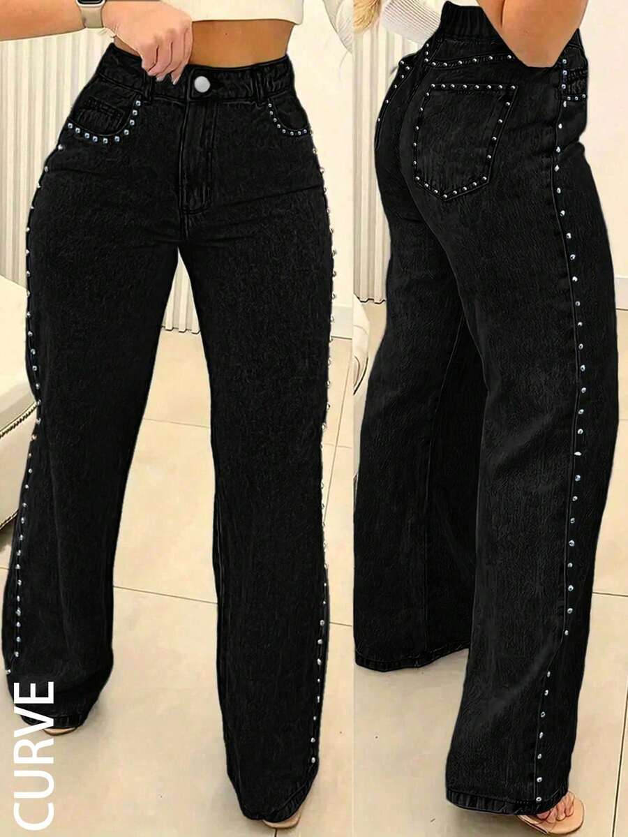 Plus Size Women Loose Straight Leg Jeans With Rivets - Black - View 1