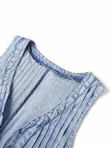 Women's Demin Tank Top Jumpsuit Loose Pleated Tie Front V Neck Sleeveless Shorts Romper With Pockets For Summer - 天藍色 - 查看 7
