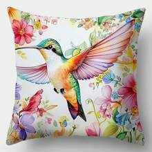 Set Of 4 Bright Hummingbird And Floral Pillowcases, Modern Living Room Sofa Decorations, Sofa Decorations, Bright Print Designs, Zipper Pillowcases, Decorative Pillowcases, Single Side, No Pillows