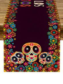 1 件墨西哥风格骷髅亚麻桌旗，13x72 英寸，墨西哥狂欢节派对桌布桌布适用于亡灵节狂欢节万圣节派对用品、餐厅和家居装饰节日餐桌装饰用品 - 彩色 - 查看 5