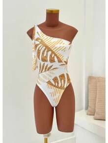 Women's Printed Macaw Bodysuit Summer  One-Shoulder Top With Single Strap - Golden Adam Rib - View 1