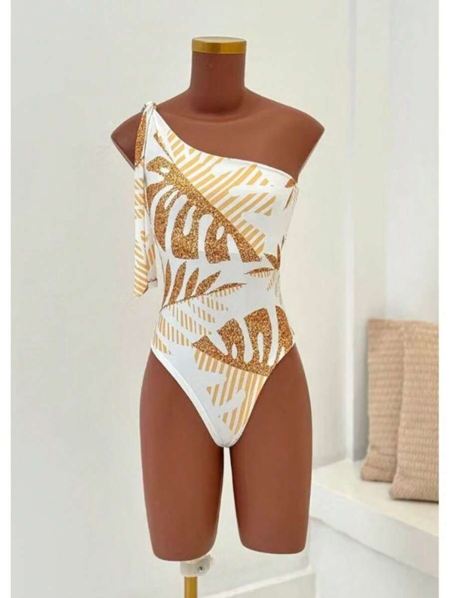 Women's Printed Macaw Bodysuit Summer One-Shoulder Top With Single Strap - Golden Adam Rib - View 1