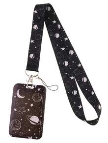 黑色月亮图案挂绳，带证件卡套，可爱涂鸦星空钥匙扣挂绳，男女通用，适合教职工和学生，返校用品 - 彩色 - 查看 8