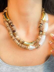Colar de madeira estilo boêmio feminino, 2 peças, pingente geométrico de madeira e bola, joia retrô, ideal para uso diário e presente, acessório versátil com textura natural simples