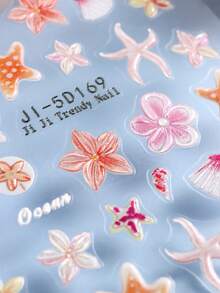 2 张 5D 浮雕海洋生物美甲贴纸自粘贝壳海星指甲贴花夏季海洋主题指甲设计贝壳柠檬夏威夷花朵美甲滑块女士 DIY 美甲装饰 - 彩色 - 查看 3