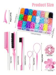 11pcs Hair Elastic Styling Set, 24-Slot Storage Box, Colorful Hair Ties, Candy-Colored Braiding Bands, Hair Rings (2000 Pieces), Combing Brush, Mouse Tail Comb, Side Comb, French Braiding Tools, Flower Hair Clips, Pink Multi-Functional Hair Ring, Crocodile Clips, Multi-Color Rubber Bands And Hair Accessories Set, Styling Tools And Hairstyle Accessories