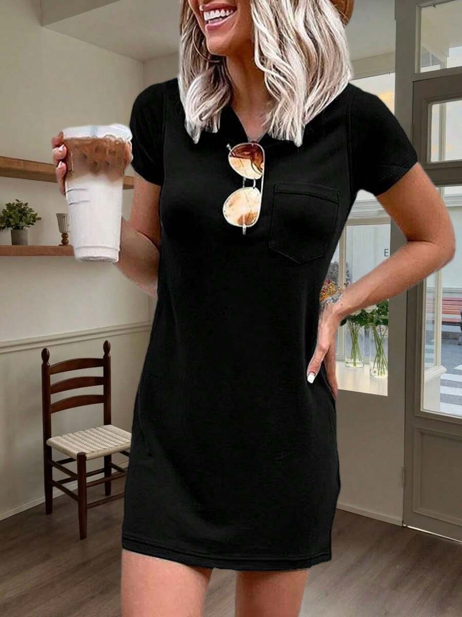 Women T Shirt Mini Dress Summer Short Sleeve Crew Neck Casual Dress With Pocket - 黑色 - 查看 1