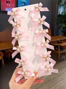 10pcs/Pack Girls' Cute & Delicate Versatile Mini Multi-Color Bowknot Pearl Decor Hair Clips