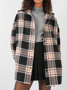 Plaid Pocket Front Button Casual Hooded Jacket For Women