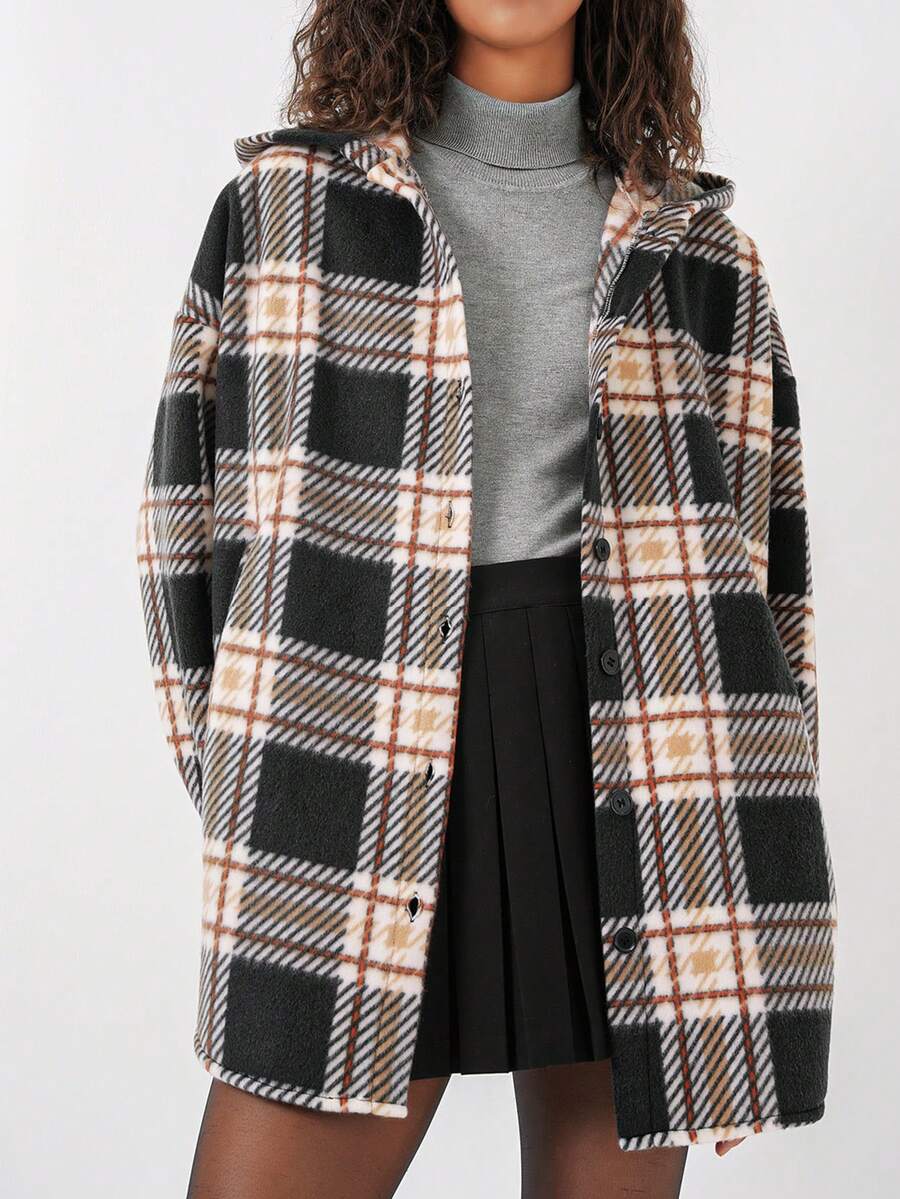 Plaid Pocket Front Button Casual Hooded Jacket For Women