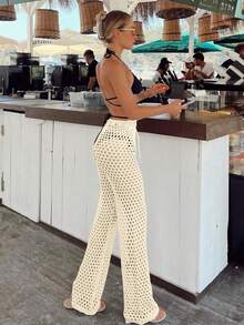 女士性感休闲纯色镂空抽绳蝴蝶结假日海滩风格针织罩衫沙滩裤镂空抽绳高弹力腰钩针透明泳衣网眼性感腰部网眼针织裤，春夏秋季