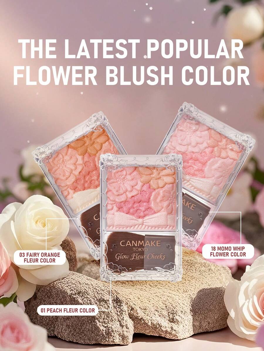Canmake Glow Fleur Cheeks 01 Peach Fleur Color 5.7g/0.2 盎司 | 散发美丽柔和光泽的亮粉色夏日腮红 | 多色花朵图案设计，打造清新亮丽的妆容 | 轻盈可叠加配方，可定制遮瑕效果 | 打造自然健康红晕的完美妆容 | 适合所有肤色，是夏季彩妆的理想之选