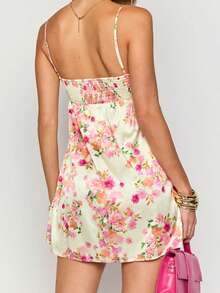 Women Slip Dress, Elegant Spaghetti Straps Backless Floral Dress Summer Mini Dress - 明黃色 - 查看 4