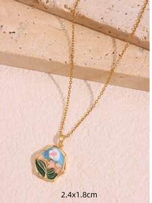 1pc Vintage-Inspired Women Jewelry Asymmetrical Pendant Necklace With Pearl, Rose Flower, Wheat Spikes & Colorful Floral Painting Design Valentines,Mom,Mother,Mother's Day,Gift - Multicolor - View 13