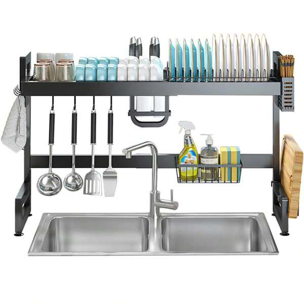 Dish Drainer, Over The Sink, Horizontal Drainer, Dish Drying, Rust-Proof, Washing Rack, 2-Tier, Large Capacity, Dish Rack, Kitchen, Drainer, Water Flow, Plate Stand, Multi-Functional Storage, Knife Stand, Cutting Board Stand, Easy To Assemble (Extendable 62-92cm)