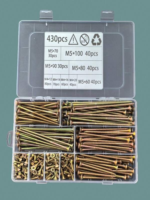 Kit combinado de 430 parafusos autoatarraxantes para madeira, M4*12-20, M5*60-100, 9 tamanhos diferentes de parafusos autoatarraxantes de metal com cabeça chata, parafusos para madeira grau 8.8, parafusos para embalagem a granel