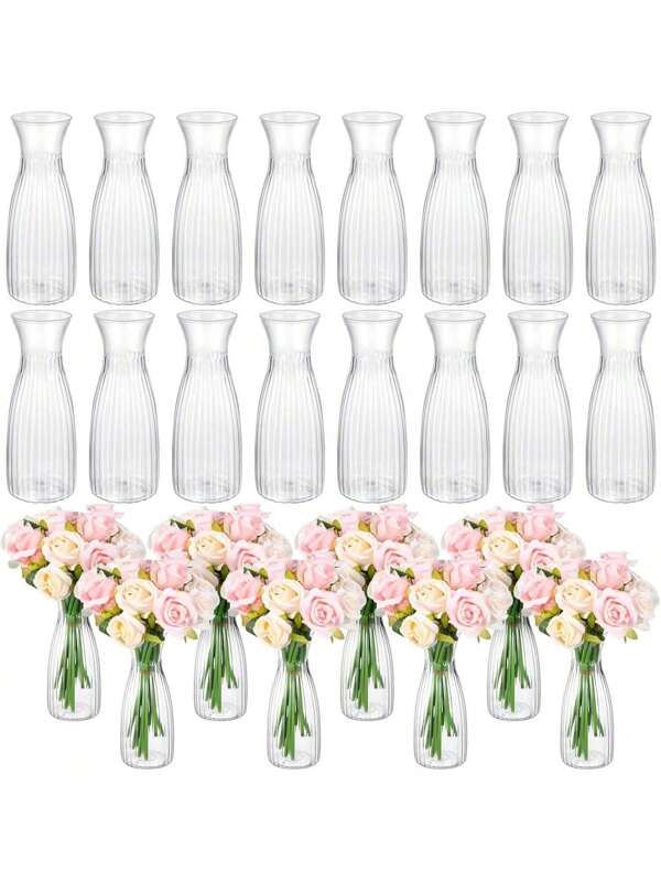 10pack Plastic Striped Vase, Transparent Vase, DIY Flower Arrangement Craft, Suitable For Various Bouquets And DIY Decoration Displays, Festivals And Home Decoration, Suitable For Table Decoration, Weddings, Families, Dinners, Vase Decoration Supplies