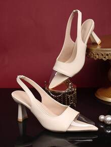 1双象牙色透明撞色PU布尖头细高跟凉鞋，青少年款，弹性踝带，适合派对、购物、旅行、度假，夏季新品 - 米色 - 查看 2