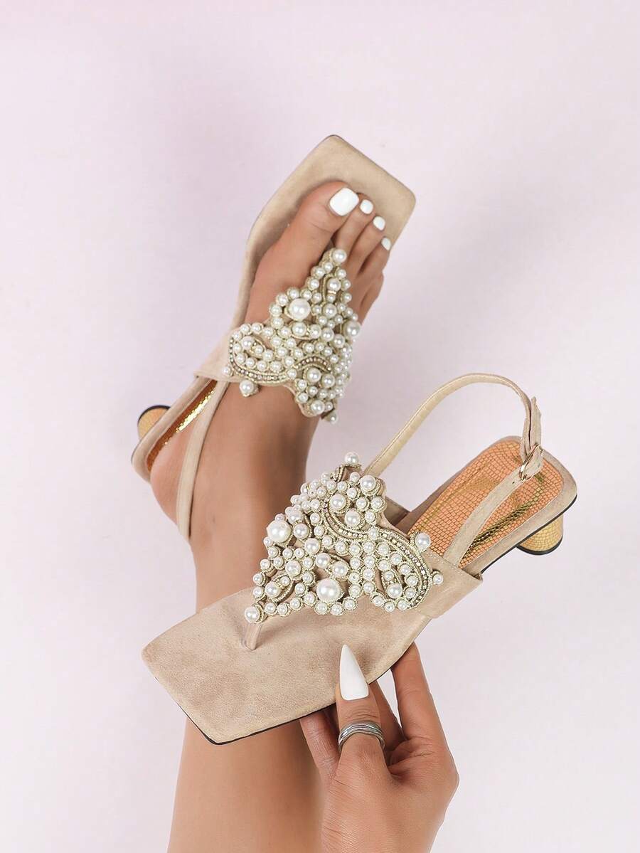 Destaque de Verão! Sandálias Pós-Dedão Pérola de Damasco, Atmosfera de Fada Francesa, Perfeitas para Férias, Compras e Encontros, Detalhes Deslumbrantes