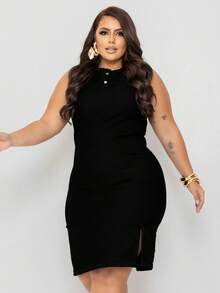Plus Size Denim Dress, Midi Tube Model, With Side Slit - Negro - Ver 1