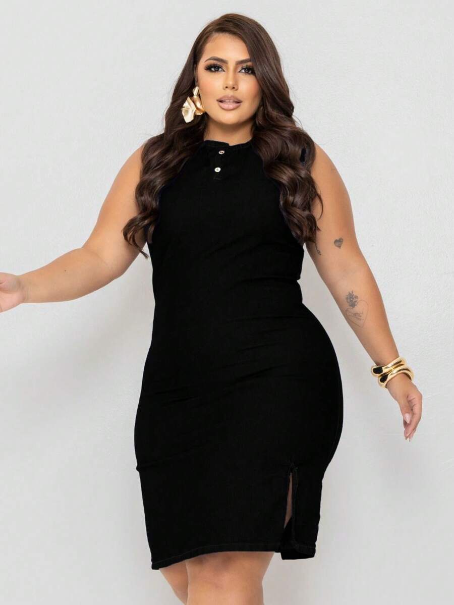 Plus Size Denim Dress, Midi Tube Model, With Side Slit - Negro - Ver 1