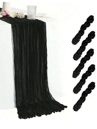 2/5pcs Polyester Black Gauze Pleated Design Table Runner,For Festive Graduation Birthday Party Decorations Wedding Accessories Holiday Home Party Room Table Decoration,Babyshower Bridal Shower Decor Table Cloth,Banquets Party Table Flag,Cheesecloth Table Runner,Wedding Decor